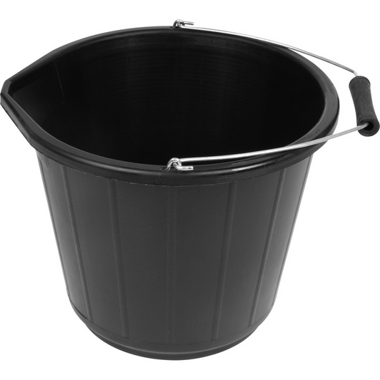 3 Gallon Black Builders Bucket with pouring lip and metal handle