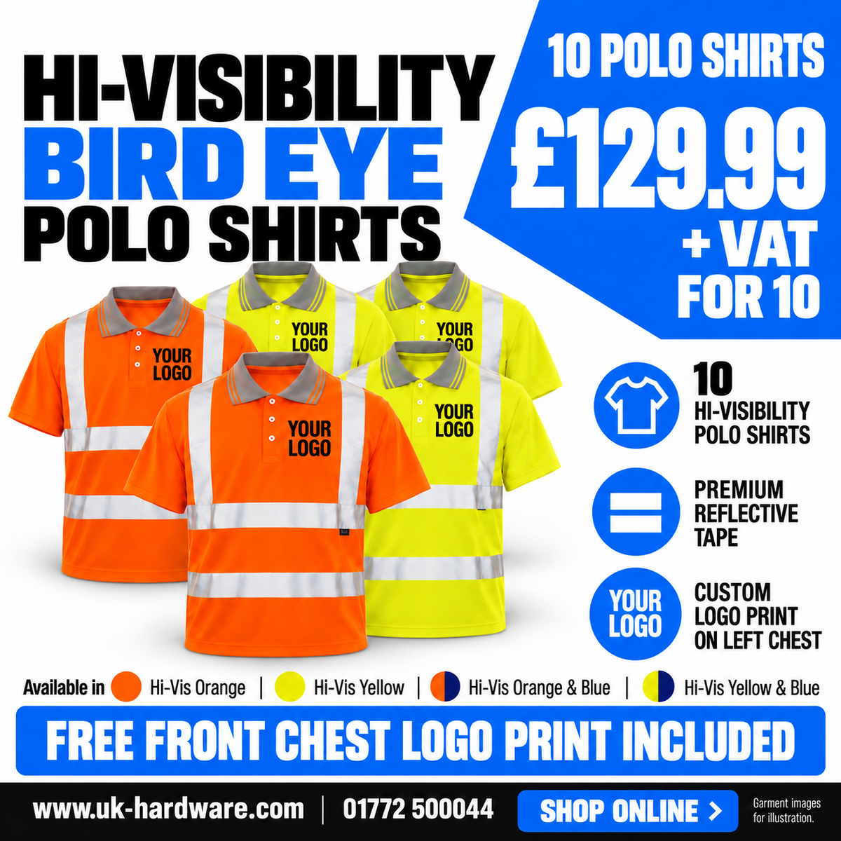 Hi-vis polo shirts – pack of 10 with free front chest logo print