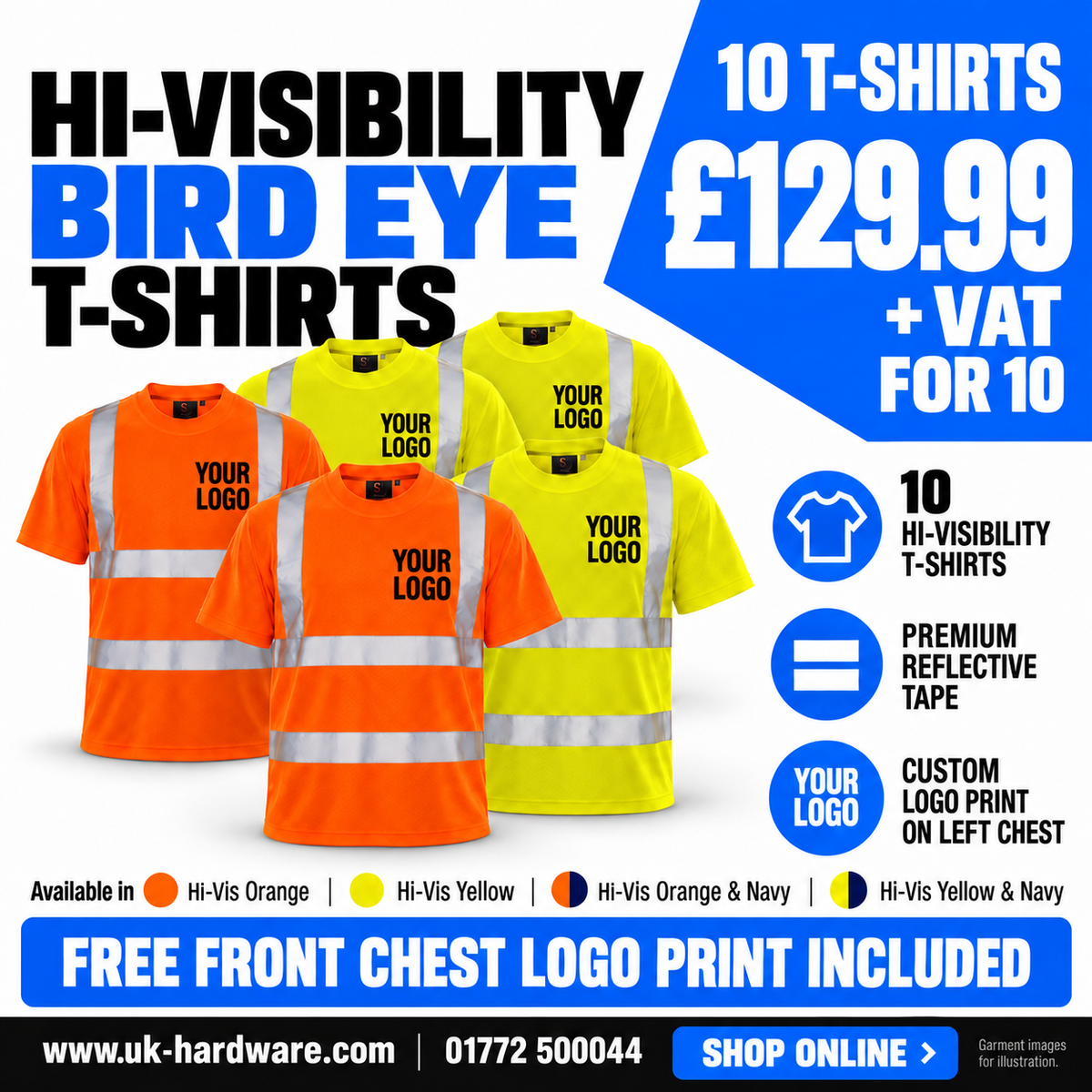 Hi-vis t shirts – pack of 10 with free front chest logo print