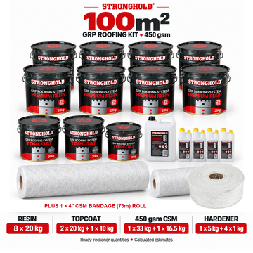 Stronghold 100m² GRP roofing kit with one 4-inch CSM Bandage 73m Roll — ready-reckoner quantities