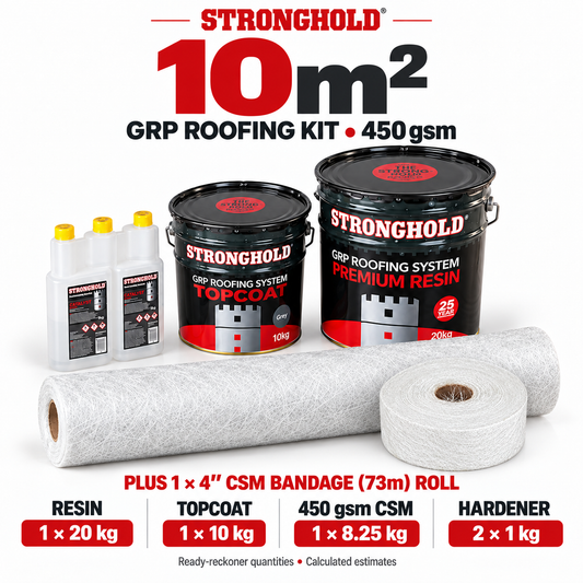 Stronghold 10m² GRP roofing kit with one 4-inch CSM Bandage 73m Roll — ready-reckoner quantities