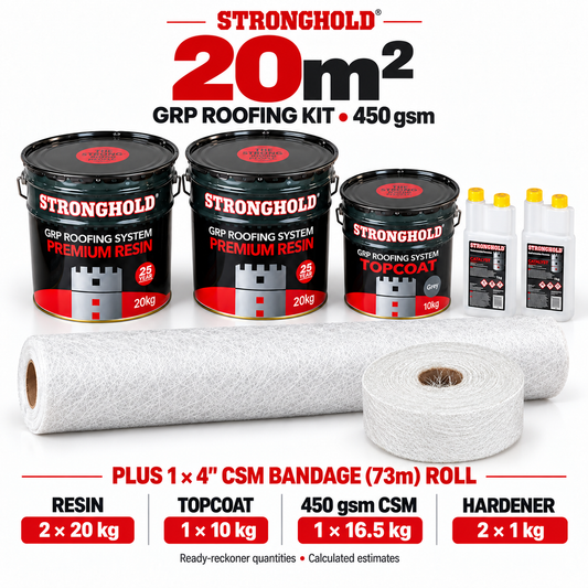 Stronghold 20m² GRP roofing kit with one 4-inch CSM Bandage 73m Roll — ready-reckoner quantities