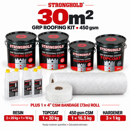 Stronghold 30m² GRP roofing kit with one 4-inch CSM Bandage 73m Roll — ready-reckoner quantities
