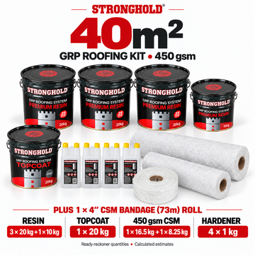 Stronghold 40m² GRP roofing kit with one 4-inch CSM Bandage 73m Roll — ready-reckoner quantities
