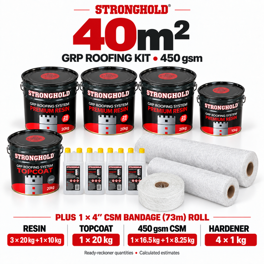 Stronghold 40m² GRP roofing kit with one 4-inch CSM Bandage 73m Roll — ready-reckoner quantities