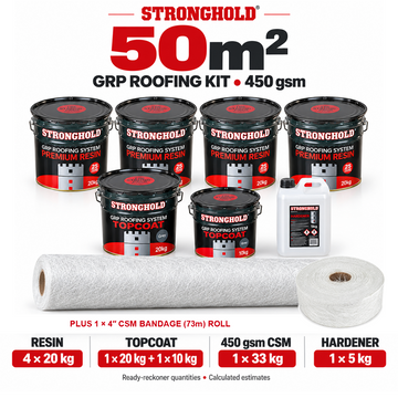 Stronghold 50m² GRP roofing kit with one 4-inch CSM Bandage 73m Roll — ready-reckoner quantities