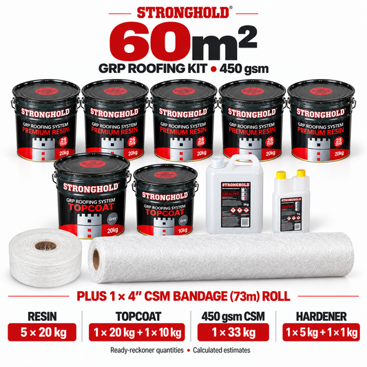 Stronghold 60m² GRP roofing kit with one 4-inch CSM Bandage 73m Roll — ready-reckoner quantities