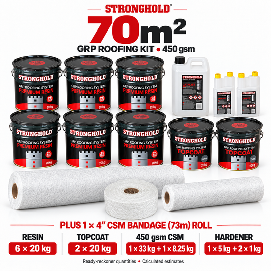 Stronghold 70m² GRP roofing kit with one 4-inch CSM Bandage 73m Roll — ready-reckoner quantities