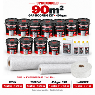 Stronghold 90m² GRP roofing kit with one 4-inch CSM Bandage 73m Roll — ready-reckoner quantities